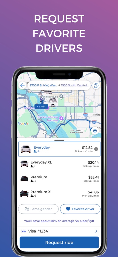 Empower - Your ride, your way App Store screenshot 3, headline “REQUEST FAVORITE DRIVERS”. Purple.