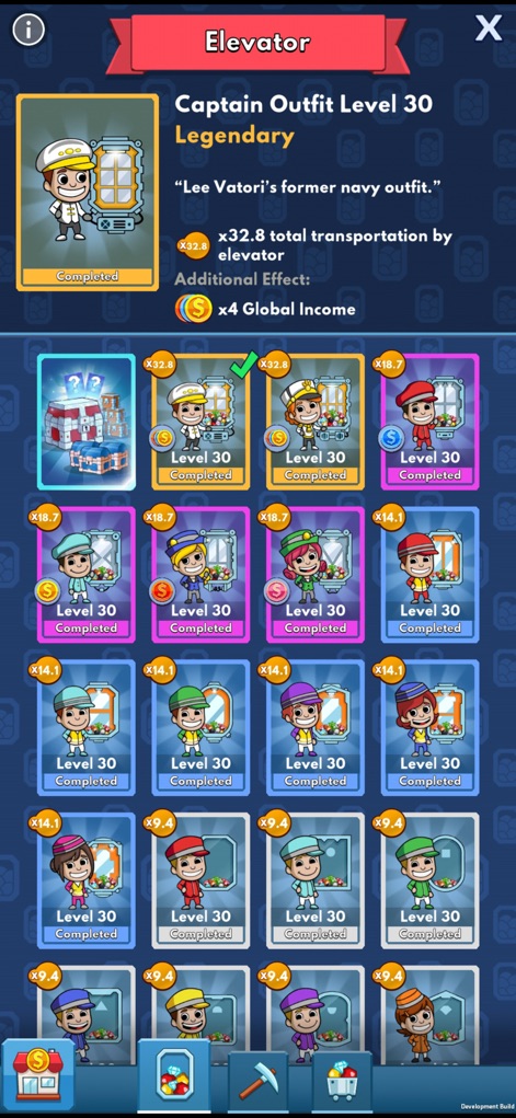 Idle Miner Tycoon: Gold digger - Esta tela detalha as opções de trajes para o operador do elevador, com o "Captain Outfit Level 30" oferecendo bônus e várias outras opções de personalização para os trabalhadores.