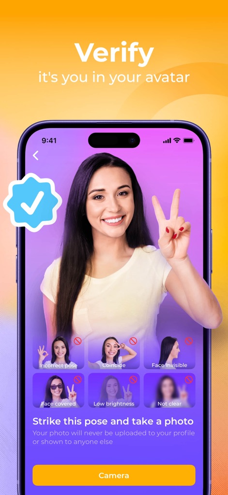 Meete - Meet New Friends - Understand the app's robust identity verification process, which guides users through specific poses and provides clear visual examples of incorrect photo submissions to ensure authenticity.