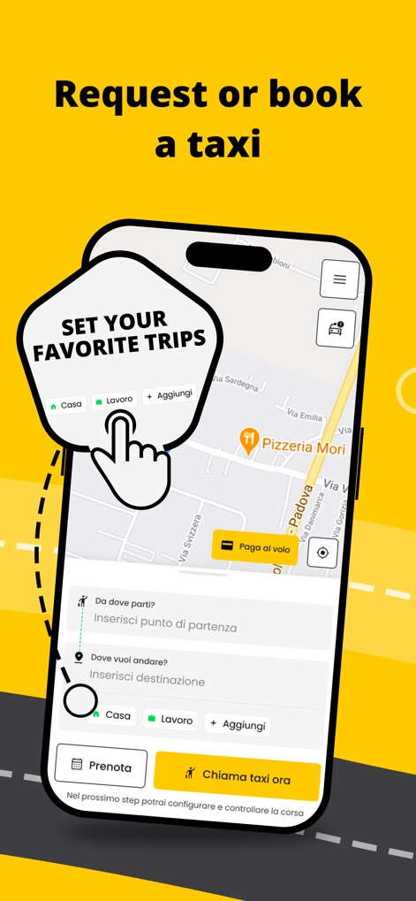 appTaxi - Book and Pay Taxis - Users can swiftly request or book a taxi by setting favorite addresses for quick selection and choosing between immediate calls or scheduled bookings.