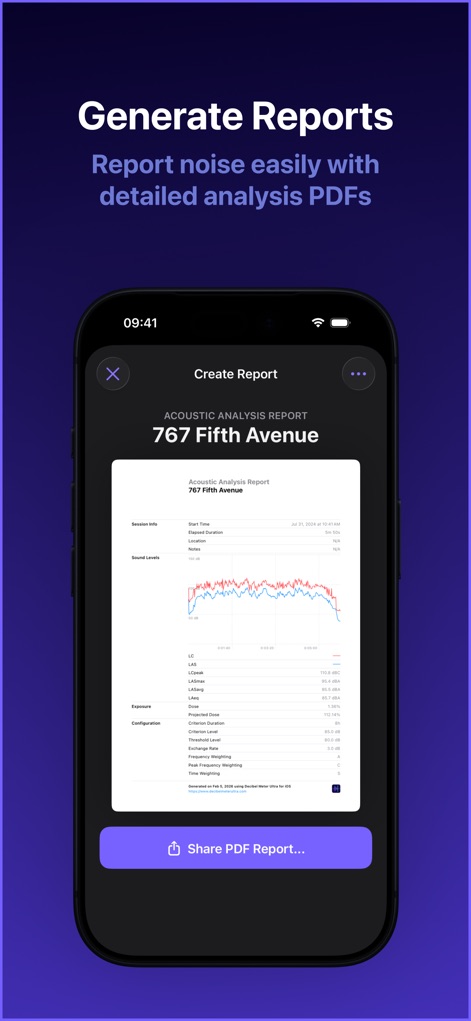 Decibel dB Sound Meter Ultra - Generate detailed Acoustic Analysis Reports in PDF format, which include visual graphs and comprehensive session information for easy sharing.
