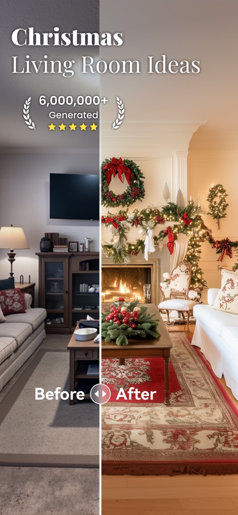 AI Home Design: Interior DecAI - Der Schieberegler visualisiert die Verwandlung eines gewöhnlichen Wohnzimmers in ein festliches Ambiente mit "weihnachtlicher Dekoration" und "gemütlicher Beleuchtung".