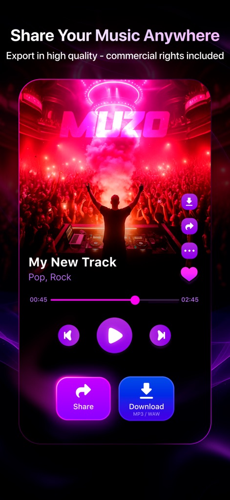 AI Music Maker・Song Generator・ - The app provides direct options to 'Share' and 'Download' high-quality tracks, allowing users to effortlessly distribute their creations across platforms.