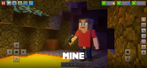 Block World 3D: Craft & Build - Delve into subterranean adventures where players extract valuable red ore deposits and navigate dimly lit caverns featuring pools of glowing lava.