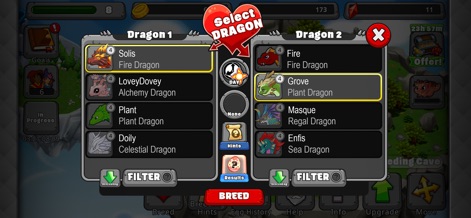 DragonVale - Breed Dragons - L'interface de reproduction coopérative offre un choix précis de "Dragon 1" et "Dragon 2" pour créer de nouvelles espèces, avec des options pour des "Hints" et l'affichage des "Results" potentiels avant de lancer le processus.