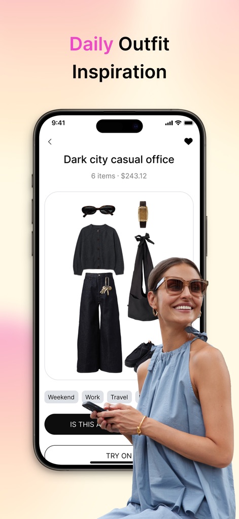 Dressly: AI Outfit Stylist - Users can explore a variety of curated outfits, with filter options for different occasions like "Work" and an interactive "TRY ON" button for virtual styling.