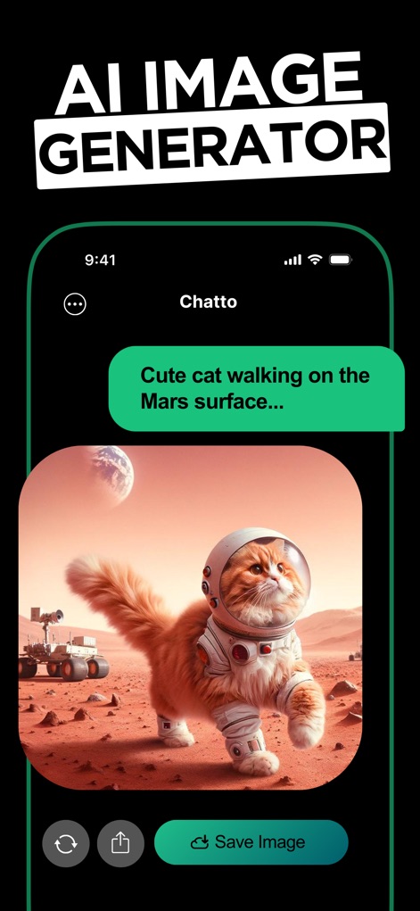 Chatto - AI Chat & AI Chatbot - Gli utenti possono dare sfogo alla creatività digitando un prompt come "Cute cat walking on the Mars surface..." per ottenere un'immagine generata dall'AI, con la possibilità di "Save Image" immediatamente.