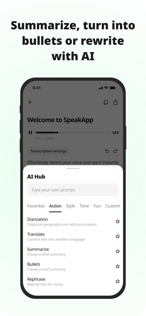 SpeakApp AI: Voice Notes - Witness the power of the AI Hub, where users can effortlessly summarize content or choose from various AI-powered text manipulation actions.
