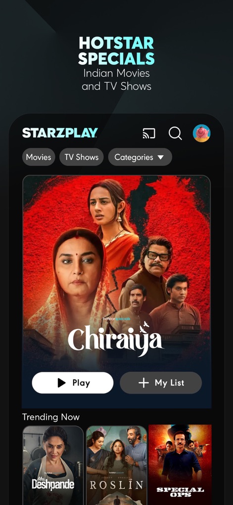 STARZPLAY ستارزبلاي - 사용자는 Hotstar 스페셜의 광범위한 인도 영화 및 TV 프로그램을 시청할 수 있으며, 'Chiraiya'와 같은 인기작들을 발견할 수 있습니다.