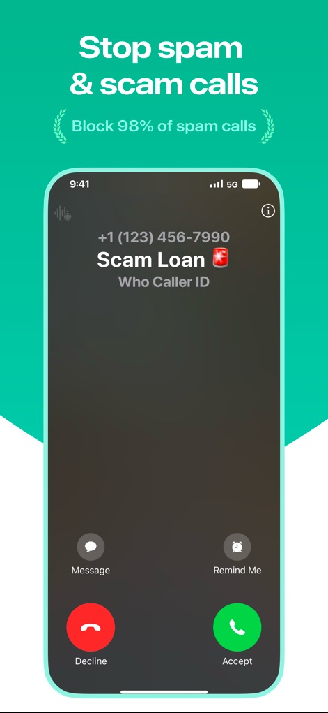 Who: Premium True Caller ID - Witness the app's capability to block 98% of spam calls, clearly identifying threats such as 'Scam Loan' with a distinct visual indicator.