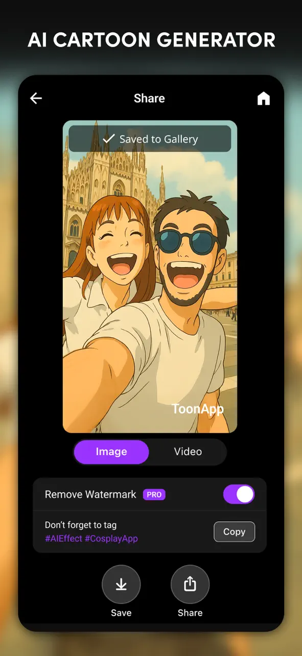 Interfaz de ToonApp que muestra una foto transformada en un avatar de dibujos animados 3D con varios filtros de estilo disponibles en la parte inferior.
