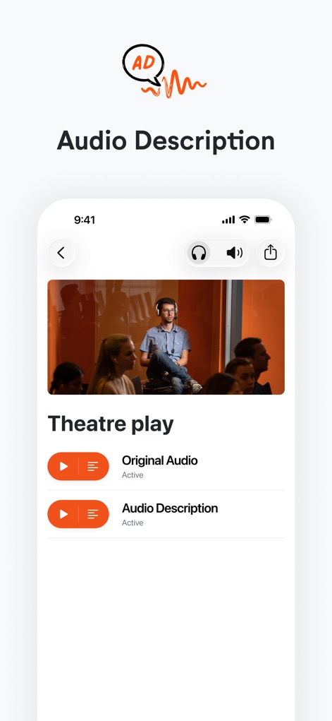 LiveVoice - O aplicativo oferece a opção de alternar entre o 'áudio original' e um 'canal de descrição de áudio' dedicado, ambos indicados como ativos, melhorando a acessibilidade para eventos como peças de teatro ou filmes.