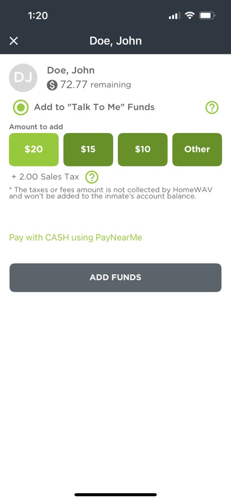 HomeWAV - Users have flexible 'Amount to add' options for inmate accounts and can choose to 'Pay with CASH using PayNearMe' for added convenience.