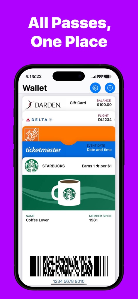 Wallet Creator: Passbook Cards - View the app's ability to display a consolidated digital wallet, showcasing multiple passes like gift cards and loyalty cards stacked neatly for easy access and overview.