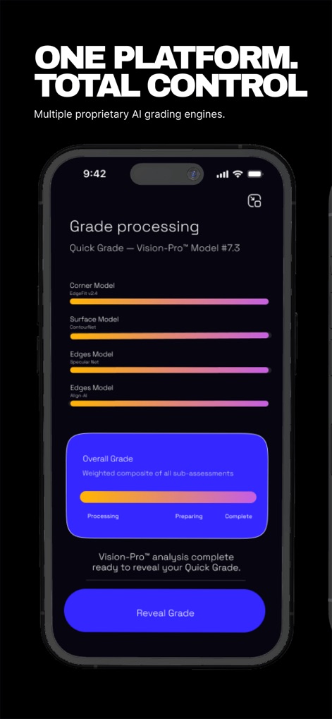 Digital Grading Co - This tool visually presents the progress of individual AI grading models for "Corner," "Surface," and "Edges," culminating in the "Overall Grade" composite.