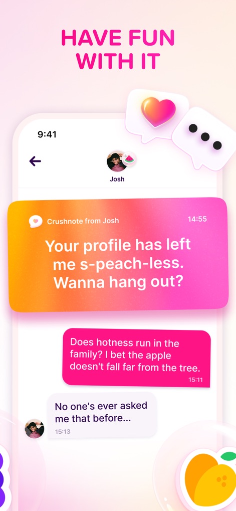 Fruitz: Match, Chat & Dating - La plataforma estimula interacciones dinámicas a través de funciones como los 'Crushnotes'. Un mensaje destacado de 'Josh' y las burbujas de chat siguientes muestran la fluidez de la comunicación.