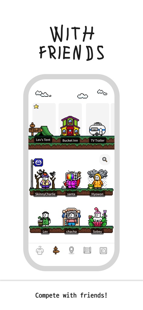 Charlie - Walking Charlie - The app presents a vibrant "Charlie Town" where users can browse various customized Charlie characters and interact within a playful community setting.