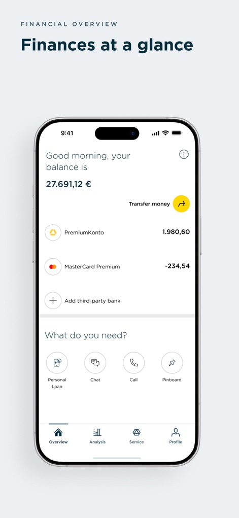 Commerzbank Banking - Die App präsentiert alle Kontostände und das „PremiumKonto“-Guthaben übersichtlich, ergänzt durch eine intuitive Navigationsleiste, die schnellen Zugriff auf „Analysis“ und „Service“ ermöglicht.