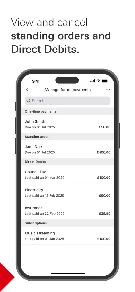 HSBC UK Mobile Banking - This tool offers clear visibility into 'Manage future payments', displaying both scheduled 'Standing orders' and active 'Direct Debits' for precise financial planning.