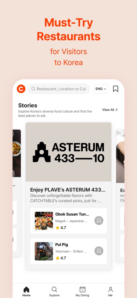 CATCH TABLE: Book Restaurants - Explore themed "stories and recommendations" from the app's editorial team, highlighting "must-try restaurants for visitors to Korea".