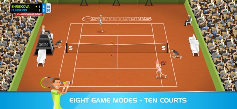 Stick Tennis - The app presents engaging matches on varied court surfaces like this red clay court, featuring critical championship point moments and score progression.
