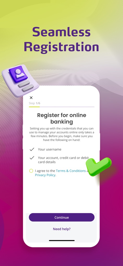 EastWest EasyWay - This screen visualizes the seamless registration process through its clear 'Step 1/6' indicator and detailed prompts for necessary account information.