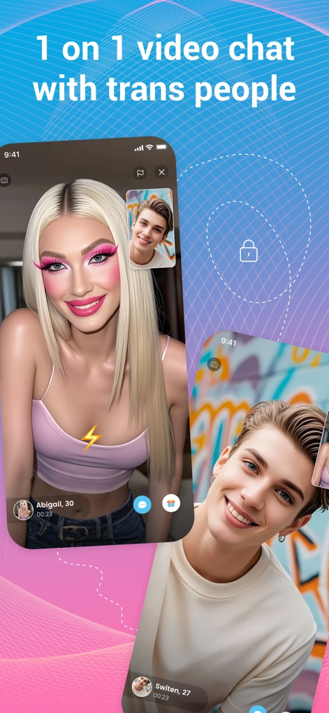 Trans Live Video Chat: TS Chat - Esta imagen ilustra la funcionalidad de videollamada privada uno a uno, ofreciendo un espacio íntimo para la comunicación. Se visualizan dos ventanas de chat individuales con los nombres de los participantes y un distintivo icono de candado que simboliza la privacidad.