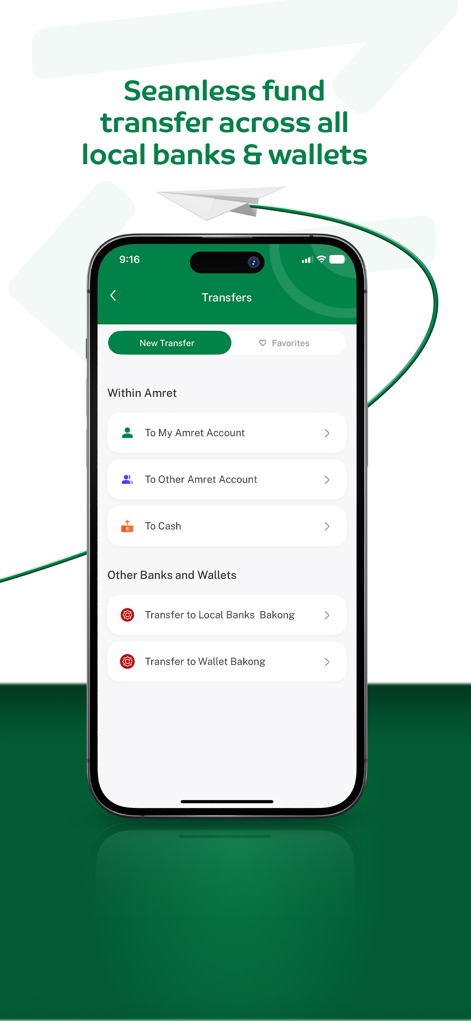 Amret - Users can execute seamless transfers through the app, with distinct options for 'Within Amret' transactions and transfers to 'Other Banks and Wallets' like Bakong.