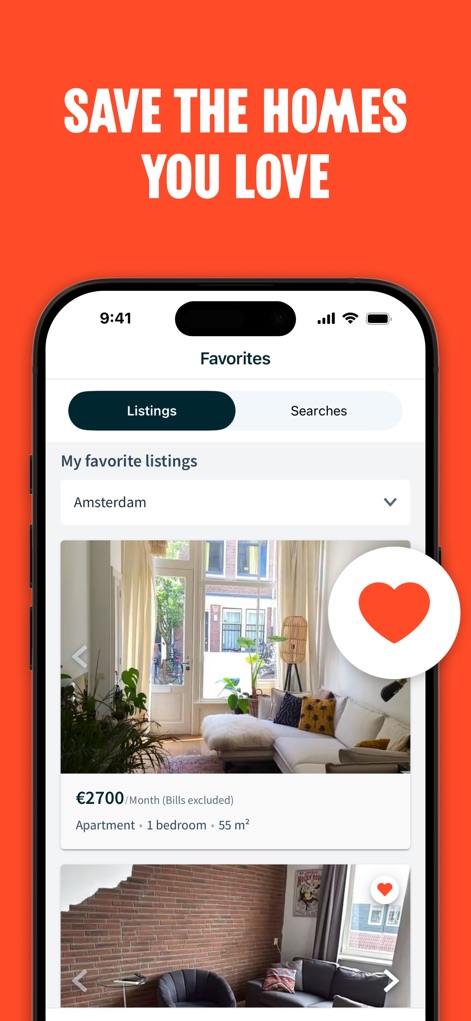 HousingAnywhere - Users can conveniently save preferred properties to their 'My favorite listings' section, indicated by a prominent heart icon, for easy review and future reference.