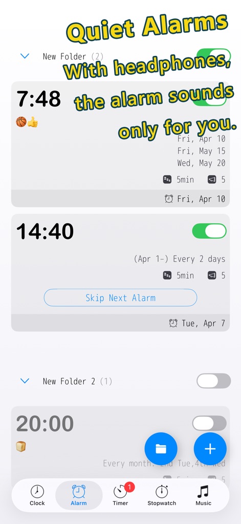 Alarm & Timer - Esta vista muestra cómo se organizan las alarmas en carpetas, y resalta la función exclusiva de que el sonido se emita solo a través de auriculares.