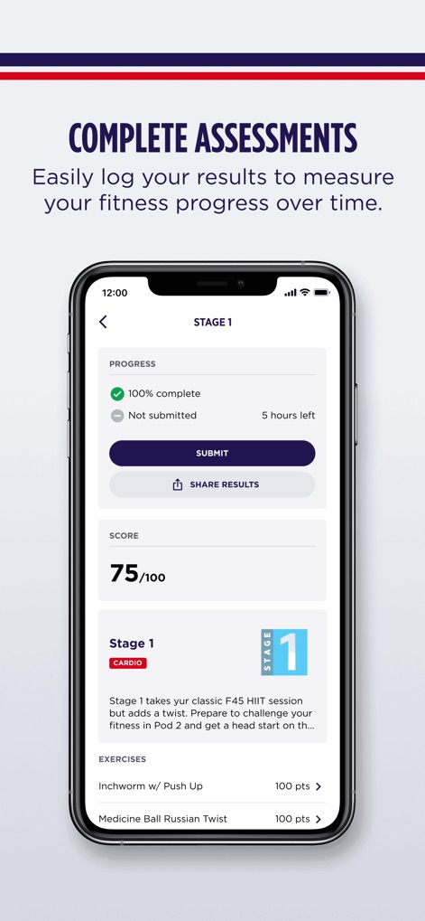 F45 Training - Individuals can easily log their assessment results and monitor their progress, viewing scores and specific exercise components.