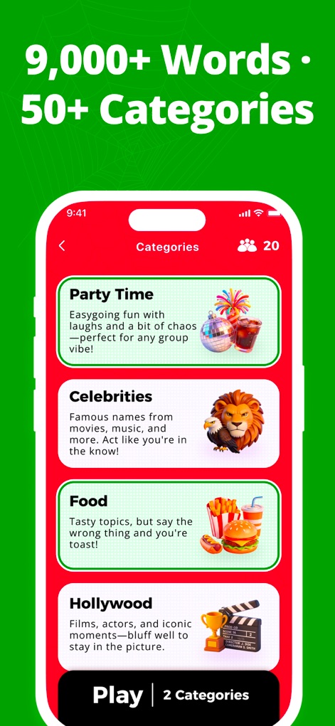 Imposter Game: Spark PartyPass - Explore the app's impressive "9,000+ Words • 50+ Categories" library, featuring diverse topics such as "Party Time" and "Celebrities."