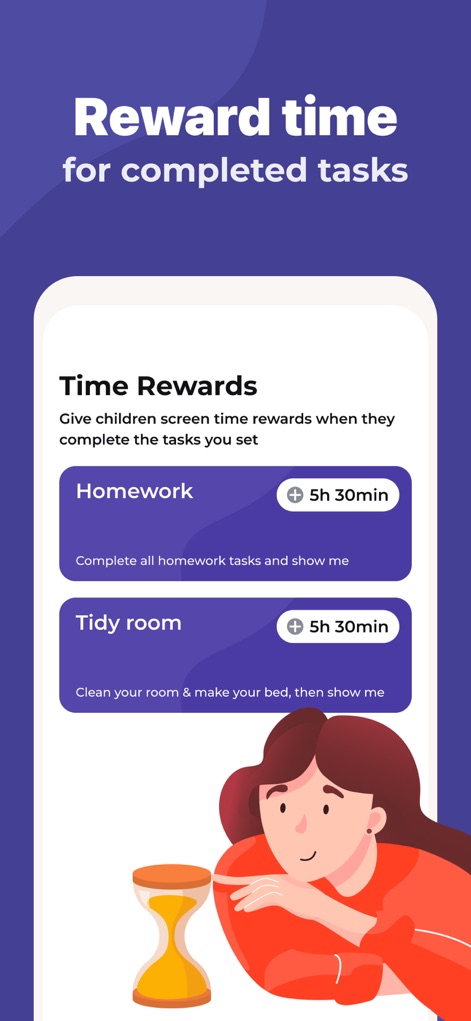 Parental Control App - Kidslox - The app introduces 'Time Rewards' for completed tasks such as 'Homework' and 'Tidy room', allowing parents to assign specific screen time bonuses like '5h 30min' to encourage responsible habits.