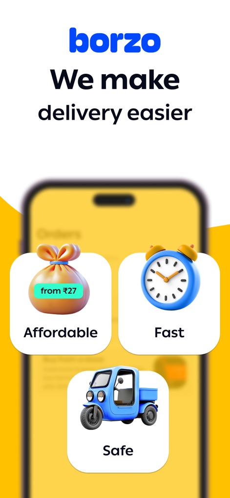 Borzo: Courier Delivery App - La pantalla de bienvenida enfatiza los valores centrales de la aplicación: la asequibilidad, representada por el icono de la bolsa de dinero, y la rapidez del servicio, simbolizada por el reloj despertador.