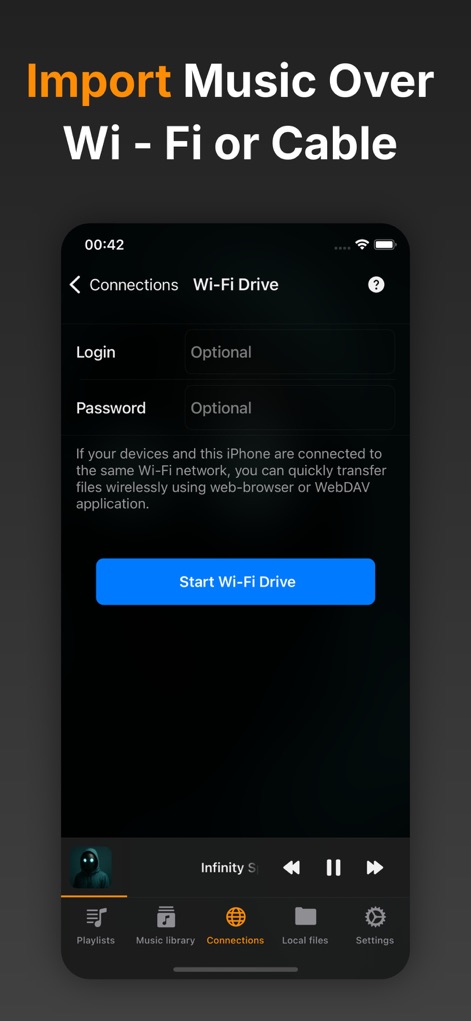 Flacbox: Hi-Res Music Player - Importez facilement votre musique sans fil grâce à la fonction de transfert Wi-Fi sécurisée, en configurant un accès via navigateur web pour une synchronisation rapide des fichiers.