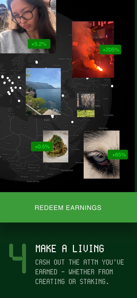 Collective Memory - The global map displays diverse photo thumbnails from various locations, and the 'REDEEM EARNINGS' button clearly indicates the opportunity to cash out rewards.