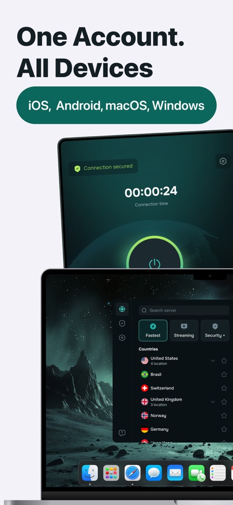 Guru VPN: Super Fast Unlimited - This visual emphasizes the app's versatile compatibility across "iOS, Android, macOS, Windows", showcasing the unified VPN interface on both mobile and desktop devices with connection status and server selection.