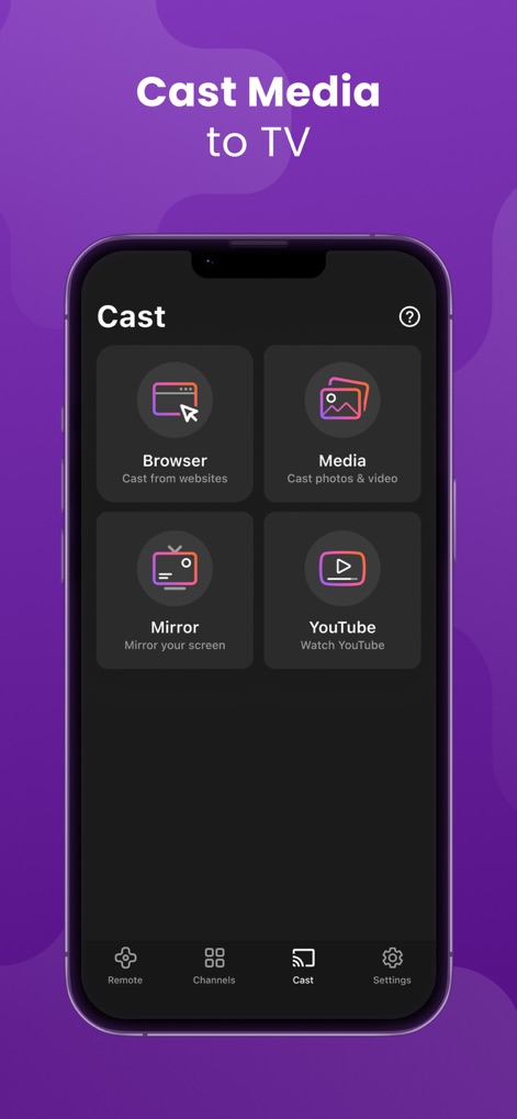 Universal Remote | Smart TV - The app offers diverse casting capabilities, presenting clear options for casting from the Browser or directly from Media files on the device.