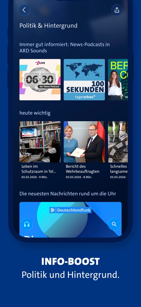 ARD Sounds - Stay well-informed with dedicated sections for "Politik & Hintergrund" podcasts like "06:30 der News-Podcast" and a clear display of individual news items with their respective durations.