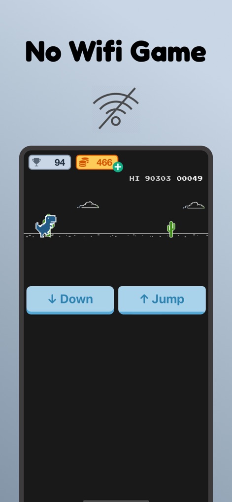 Tirek - No Wifi Games - A interface principal exibe a jogabilidade clássica do dinossauro, destacando o ícone de sem Wi-Fi e os botões de ação 'Down' e 'Jump'.