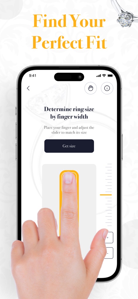 Ring Sizer - Size Measure App - This tool allows for direct finger width measurement, where an adjustable on-screen guide helps users determine their exact ring size.