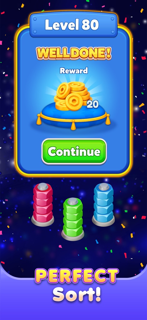 Nut Sort 3D: Color Match - 레벨을 성공적으로 완료하면 사용자는 'WELLDONE!' 메시지와 함께 코인 보상을 받게 됩니다. 이는 잘 정렬된 너트 스택과 만족스러운 진행 상황을 나타냅니다.