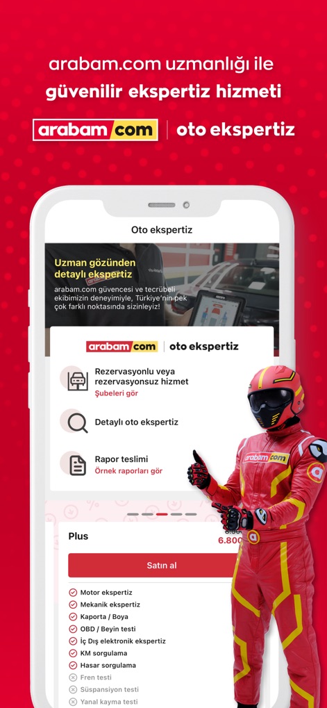 arabam.com - Die App bietet detaillierte 'Oto ekspertiz' mit Optionen für 'Rezervasyonlu veya rezervasyonsuz hizmet' und einer umfassenden Liste von geprüften Merkmalen, einschließlich Motor- und Mechanik-Expertise.