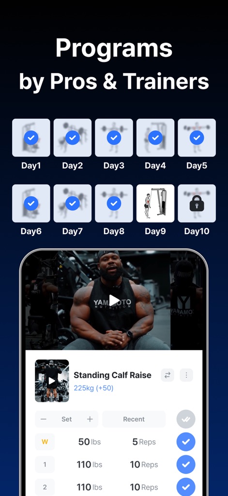 Gymwork: Workout Tracker Log - The app offers structured programs from "Day1" to "Day10" and includes in-app videos, like the demonstration for "Standing Calf Raise," to guide users through expert-designed routines.