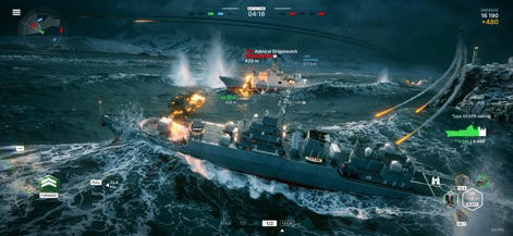 Warships Mobile: Naval Warfare - The app captures the intensity of naval warfare with destroyers navigating turbulent waters and engaging in close-quarters combat, marked by a prominent battle timer and dynamic explosions.