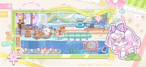 My Dog Town: Animal Sim Games - Los usuarios se sumergen en una aventura costera única, donde se aprecia un tren que se desplaza sobre la superficie del agua y submarinos de burbujas transparentes que permiten explorar el vibrante fondo marino.