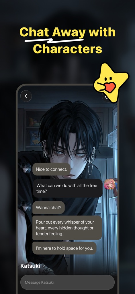 Dootchi: Emochi Alternative - This view highlights the engaging chat interface with dynamic message bubbles and a detailed character background, enabling users to dive into personalized conversations with companions like 'Katsuki.'