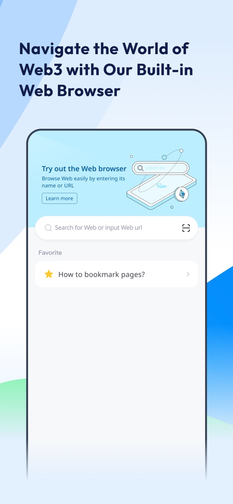 imToken: BTC & ETH Wallet - The built-in Web3 browser facilitates seamless interaction with dApps, featuring a prominent search bar and bookmarking options for easy navigation.