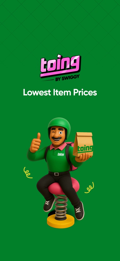 toing - Food Delivery - See how the app highlights its brand (toing by Swiggy) and core value proposition (Lowest Item Prices) with a friendly delivery character.