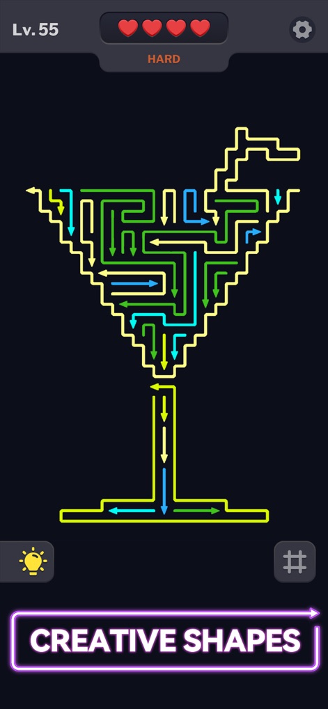 Arrow Madness: Tap Arrows Away - Se aprecia cómo las flechas delinean una elegante copa de cóctel, destacando la estética limpia y minimalista que define el diseño visual de la aplicación.